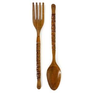 70s wooden fork & spoon tiki carved 36” 1970s vintage